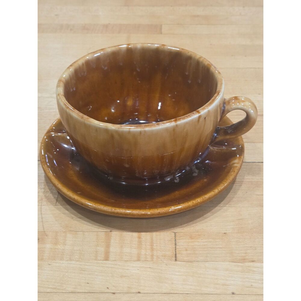 Vintage Brush Pottery Brown Drip Cup and Saucer Planter Bowl USA 37